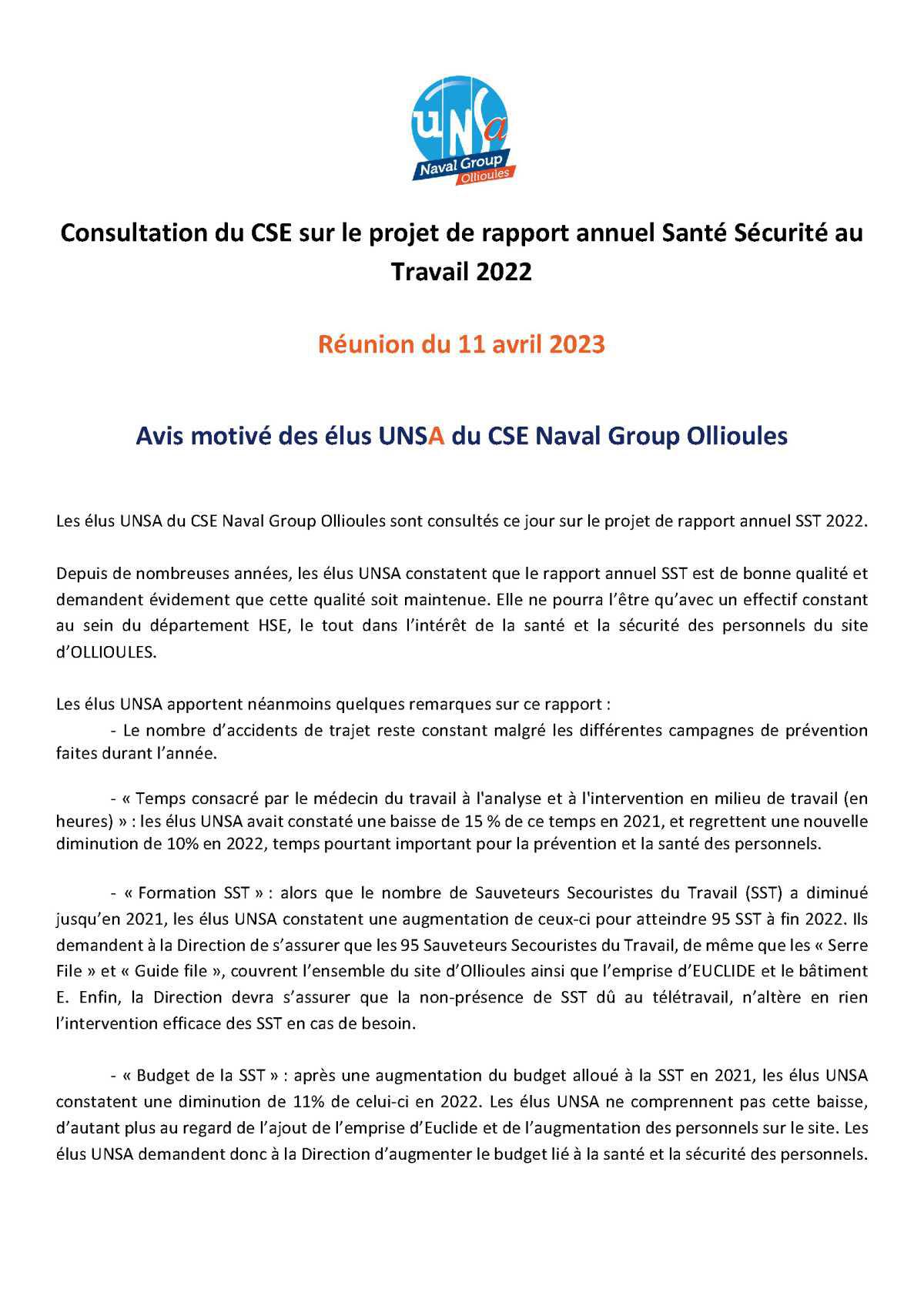 CSE d'Ollioules - Réunion du 14 avril 2023 - Compte rendu