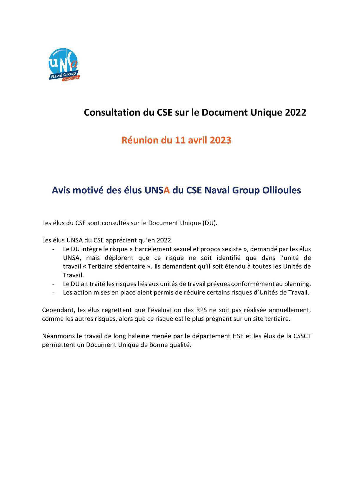 CSE d'Ollioules - Réunion du 14 avril 2023 - Compte rendu CSE d'Ollioules - Réunion du 14 avril 2023 - Compte rendu