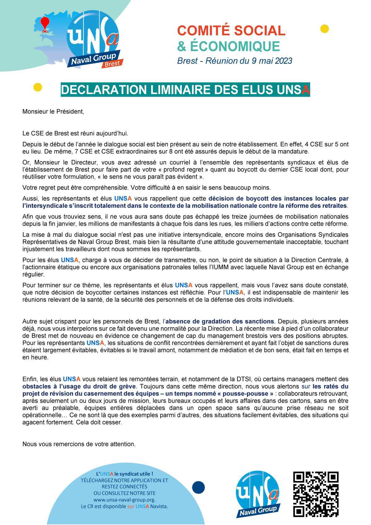 CSE de Brest - Réunion du 9 mai 2023 - Déclaration Liminaire
