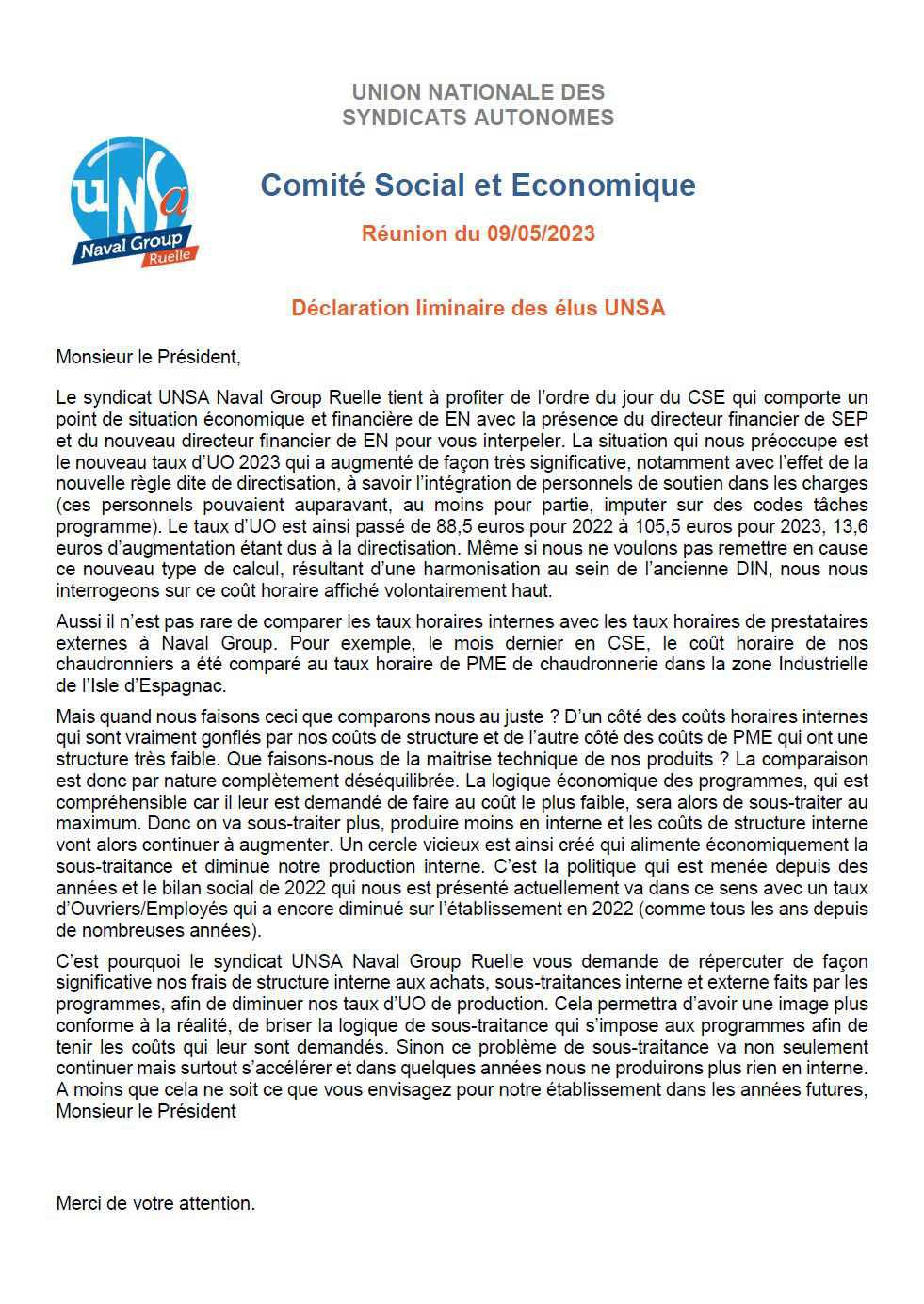 CSE de Ruelle - Réunion du 9 mai 2023 - Compte rendu et déclaration liminaire