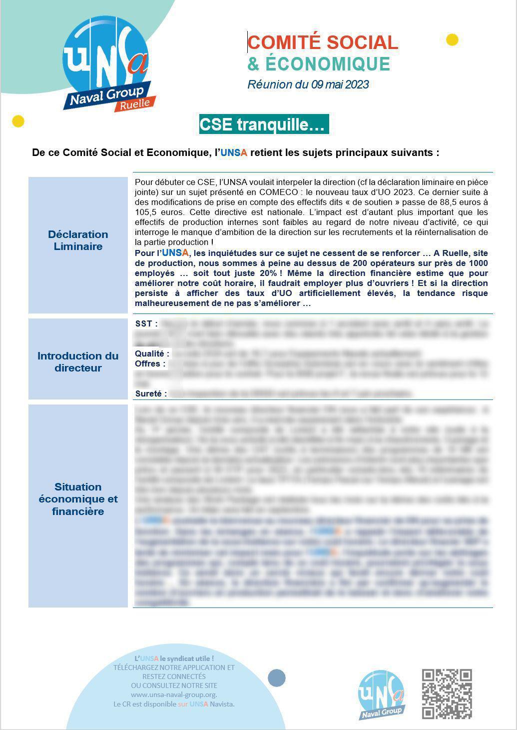 CSE de Ruelle - Réunion du 9 mai 2023 - Compte rendu et déclaration liminaire CSE de Ruelle - Réunion du 9 mai 2023 - Compte rendu et déclaration liminaire