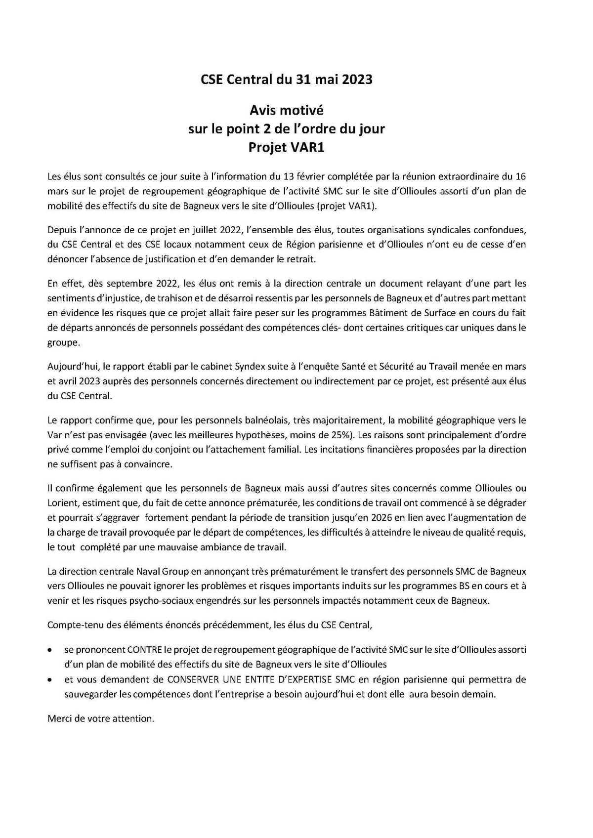 Réunion du 31 mai 2023 - Avis Intersyndical - Fermeture de Bagneux