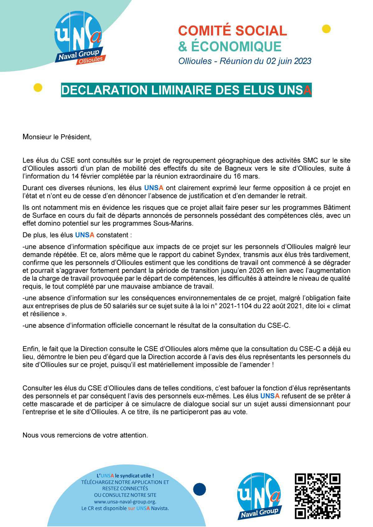 CSE d'Ollioules - réunion extraordinaire du 2 juin 2023 - fermeture de Bagneux - Déclaration liminaire UNSA
