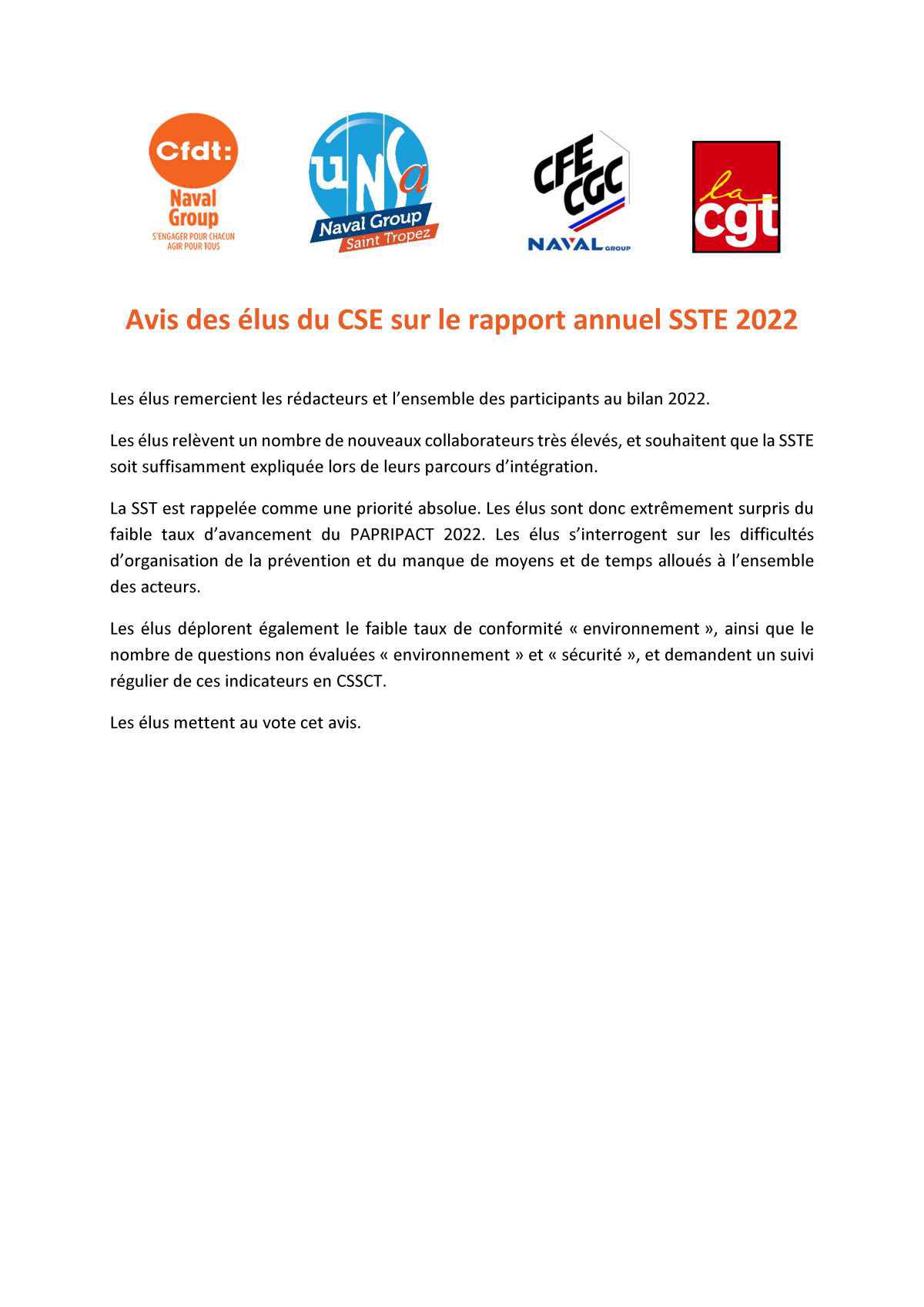 CSE de Saint Tropez - avis motivés UNSA/CFDT/CGC/CGT sur la SST
