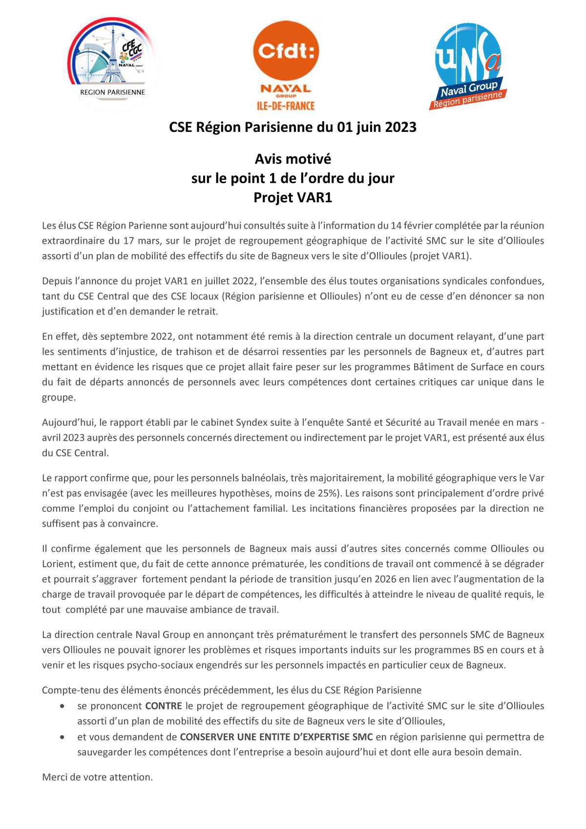 Projet de Fermeture du Site de Bagneux par la Direction et Communication Intersyndicale - Juin 2023 