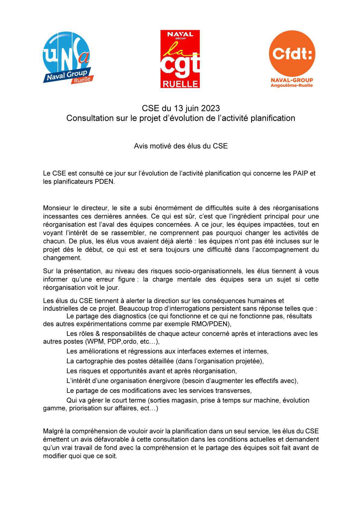 CSE de Ruelle - Réunion du 13 juin 2023 - Avis intersyndical