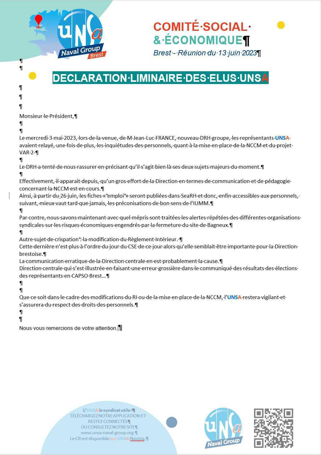 CSE de Brest - Réunion du 13 juin 2023 - Compte rendu