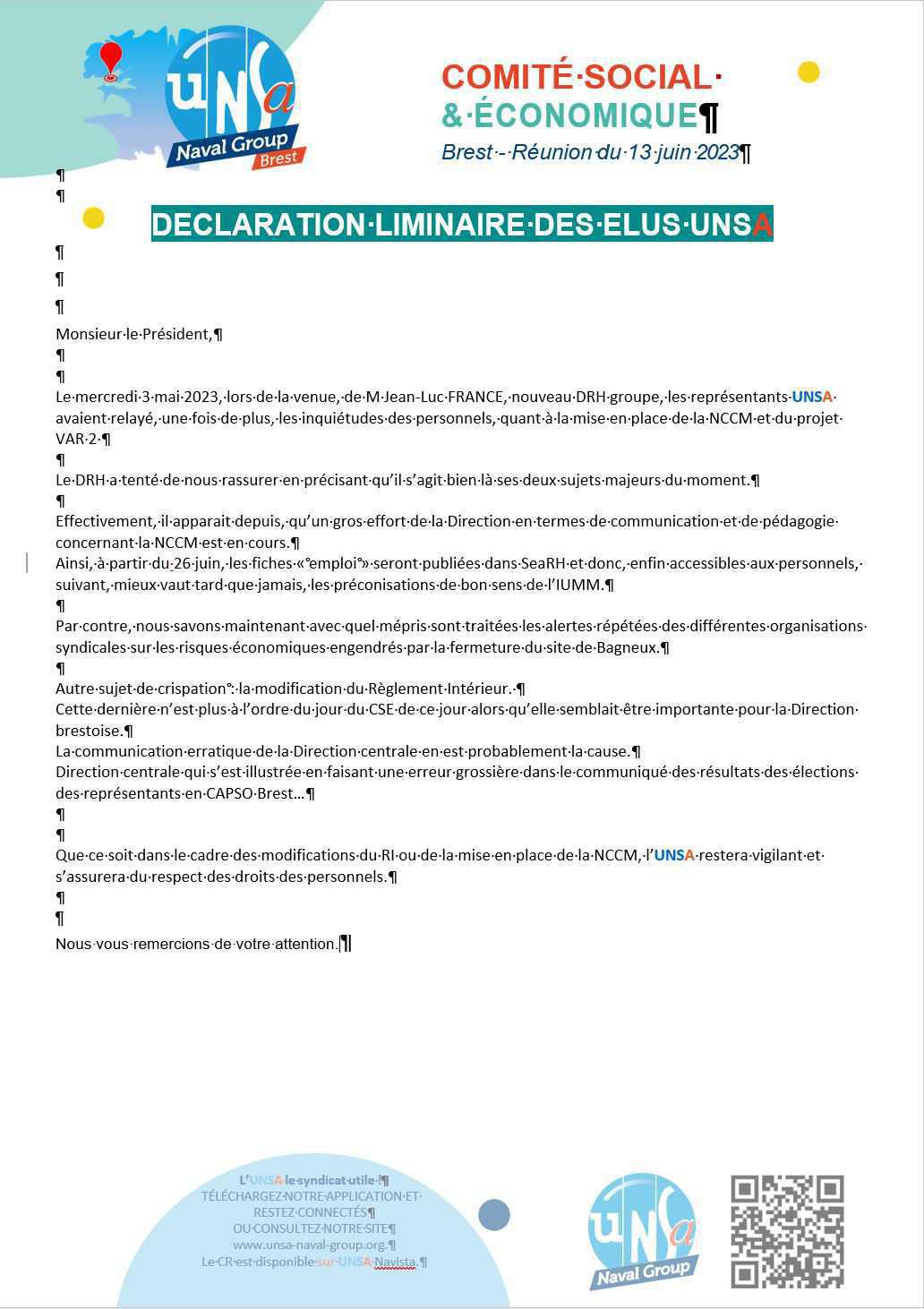 CSE de Brest - Réunion du 13 juin 2023 - Compte rendu CSE de Brest - Réunion du 13 juin 2023 - Compte rendu