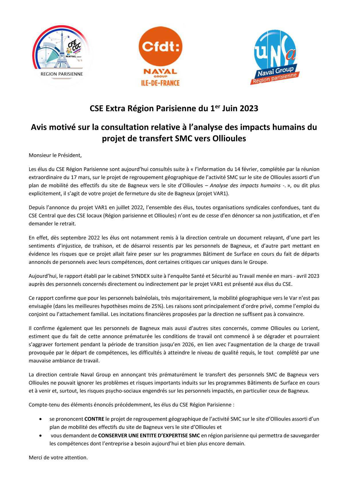 CSE Extra Région Parisienne - Réunion du 1er juin 2023 - Avis Intersyndical