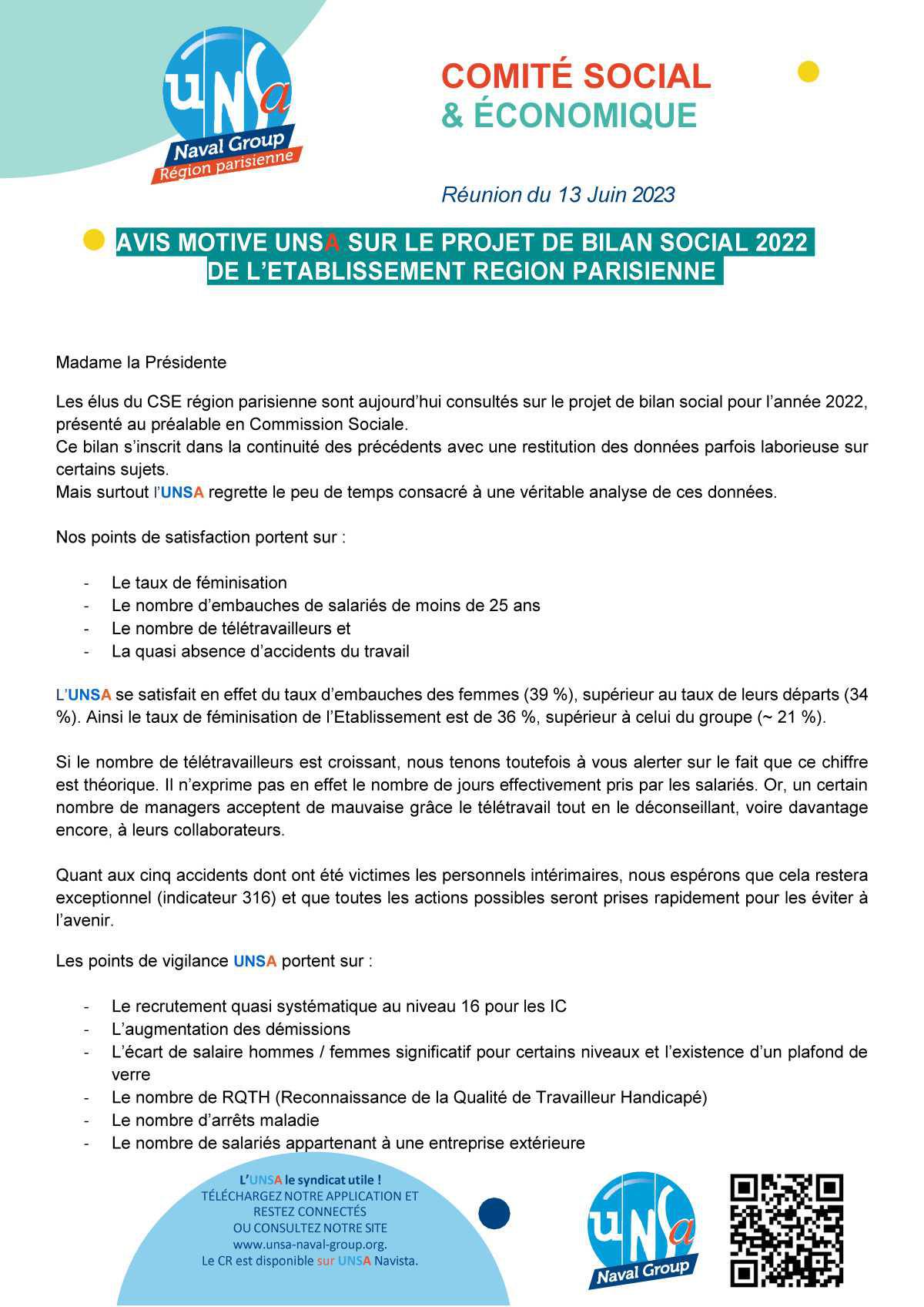 CSE Extra Région Parisienne - Réunion du 13 juin 2023 - Avis Motivé