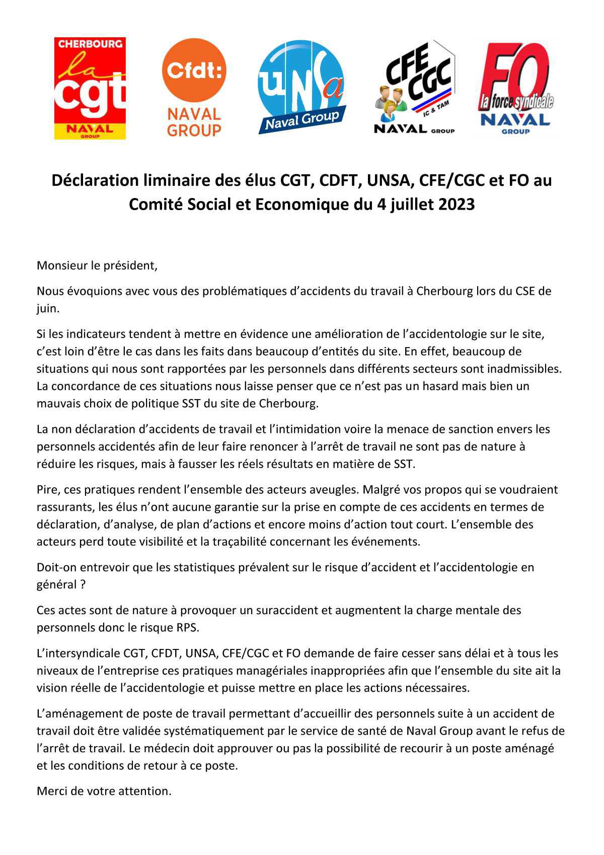 CSE de Cherbourg - Réunion du 4 juillet 2023 - Déclaration liminaire Intersyndicale