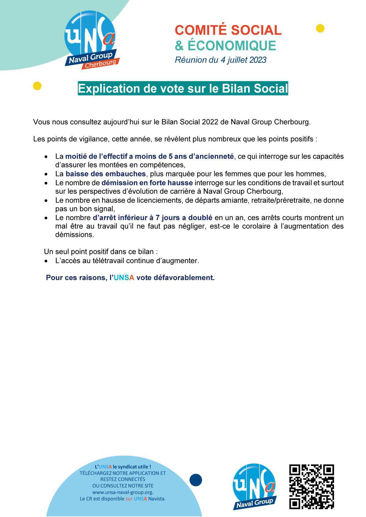 CSE de Cherbourg - Réunion du 4 juillet 2023 - Explication de vote sur le Bilan Social