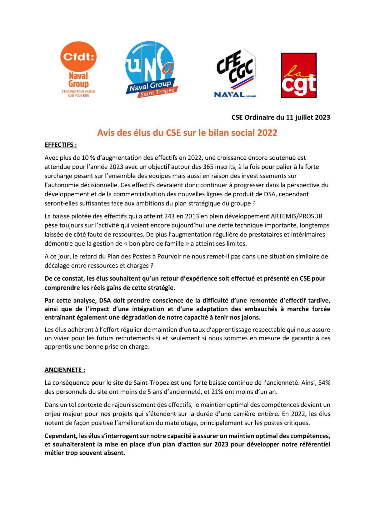 CSE de Saint Tropez - avis motivé UNSA/CFDT/CGC/CGT sur le bilan social 2022