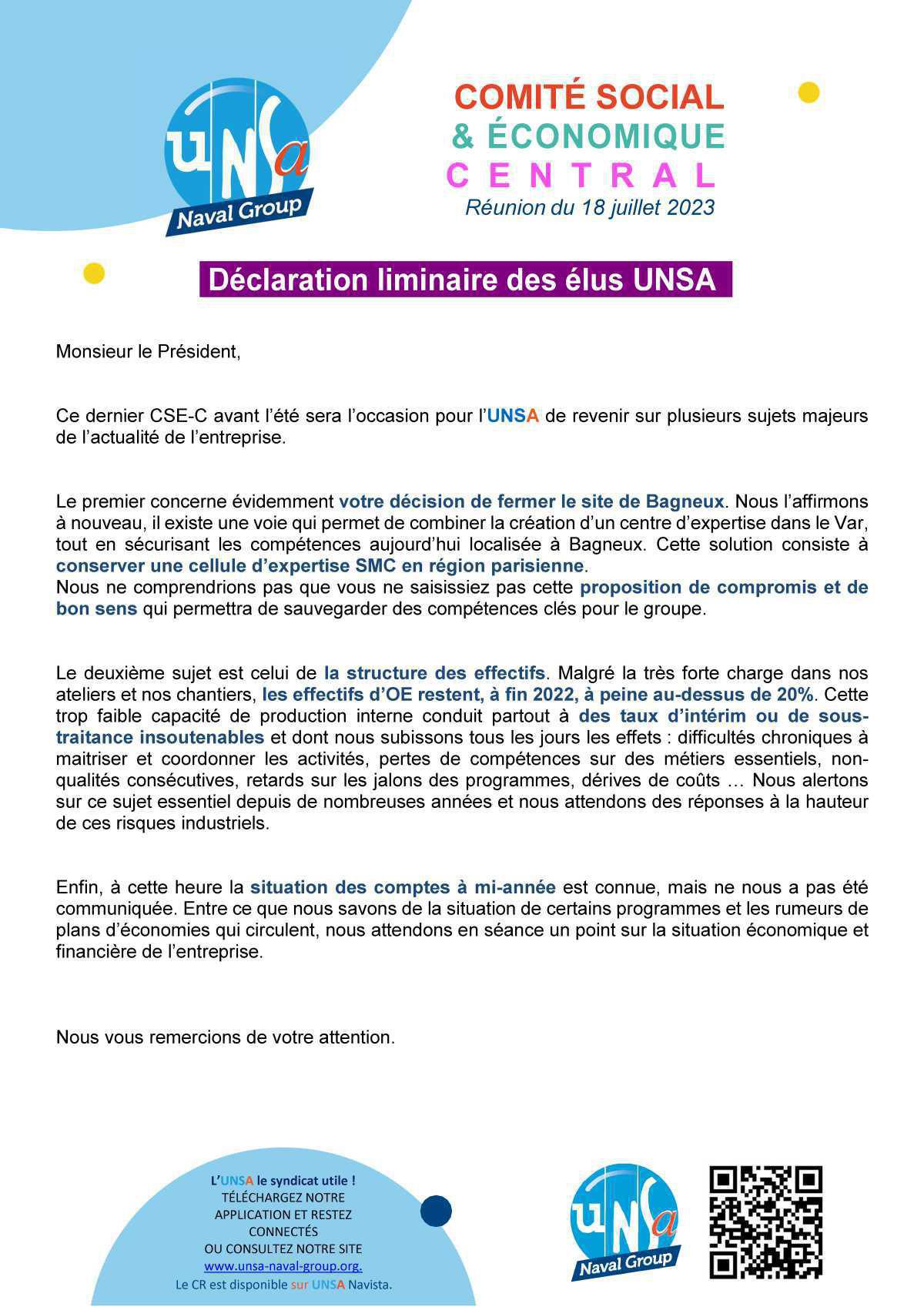 Réunion du 18 juillet 2023 - Déclaration liminaire UNSA