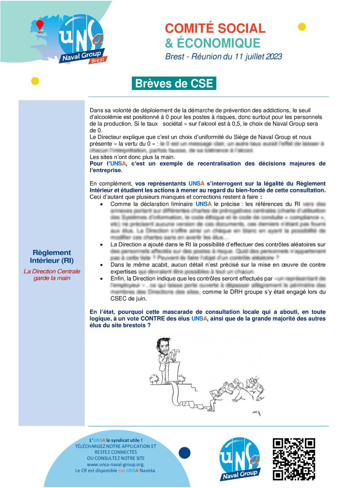 CSE de Brest - Réunion du 11 juillet 2023 - Déclaration liminaire et Compte rendu