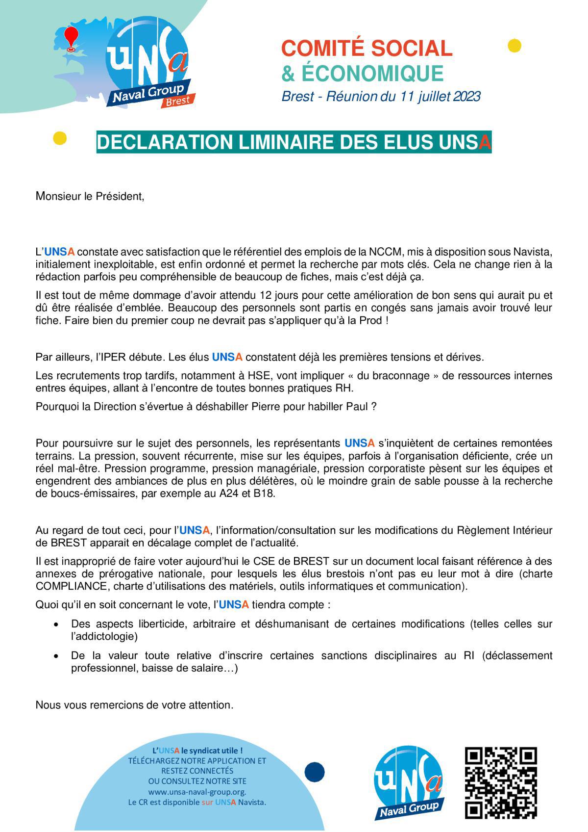 CSE de Brest - Réunion du 11 juillet 2023 - Déclaration liminaire et Compte rendu