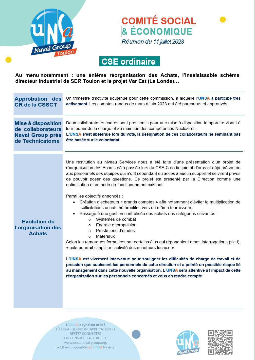 CSE de Toulon - Réunion du 11 juillet 2023 - Compte-rendu