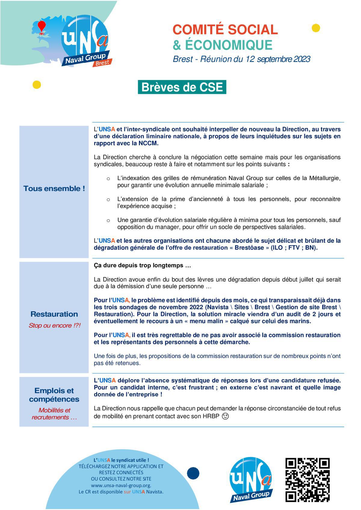 CSE de Brest - Réunion du 12 septembre 2023 - Déclaration liminaire et Compte rendu