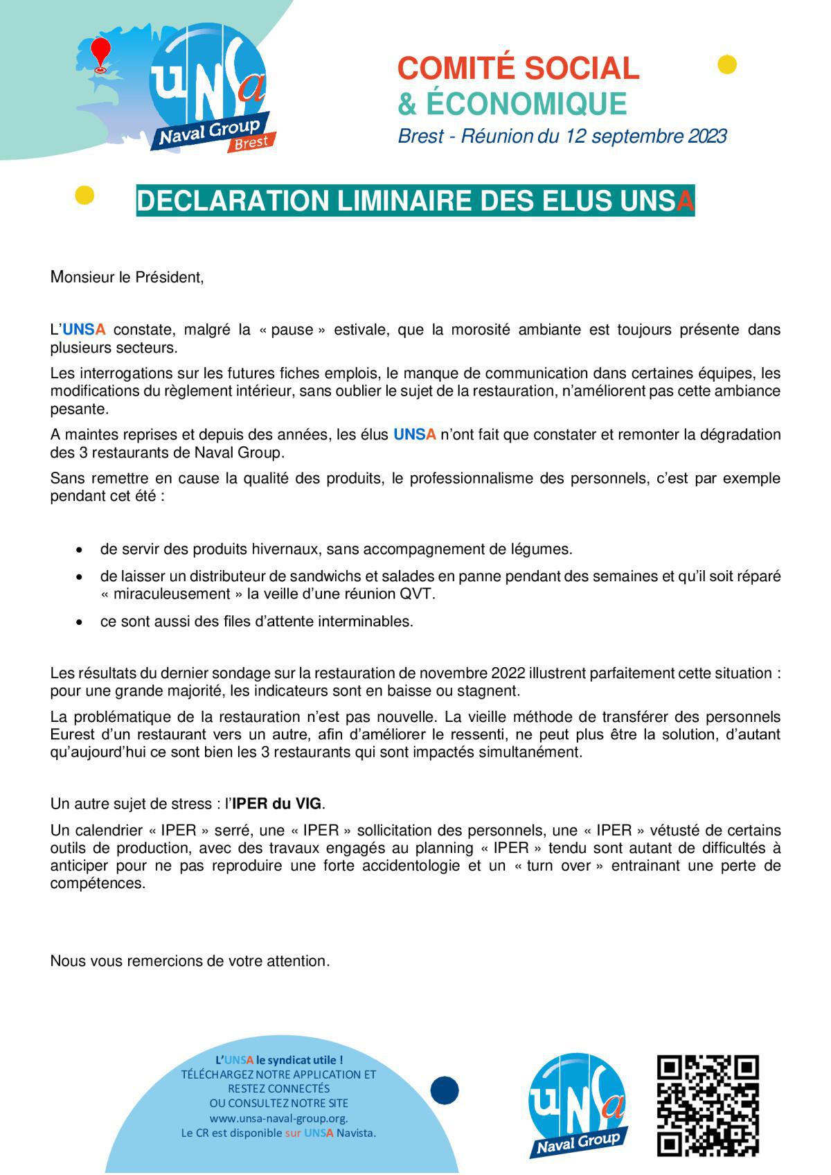 CSE de Brest - Réunion du 12 septembre 2023 - Déclaration liminaire et Compte rendu