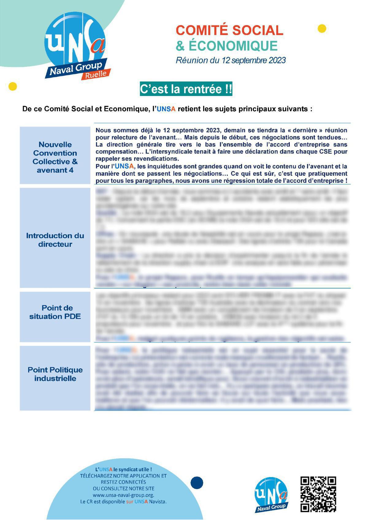 CSE de Ruelle- Réunion du 12 septembre 2023 - Compte-rendu CSE de Ruelle- Réunion du 12 septembre 2023 - Compte-rendu