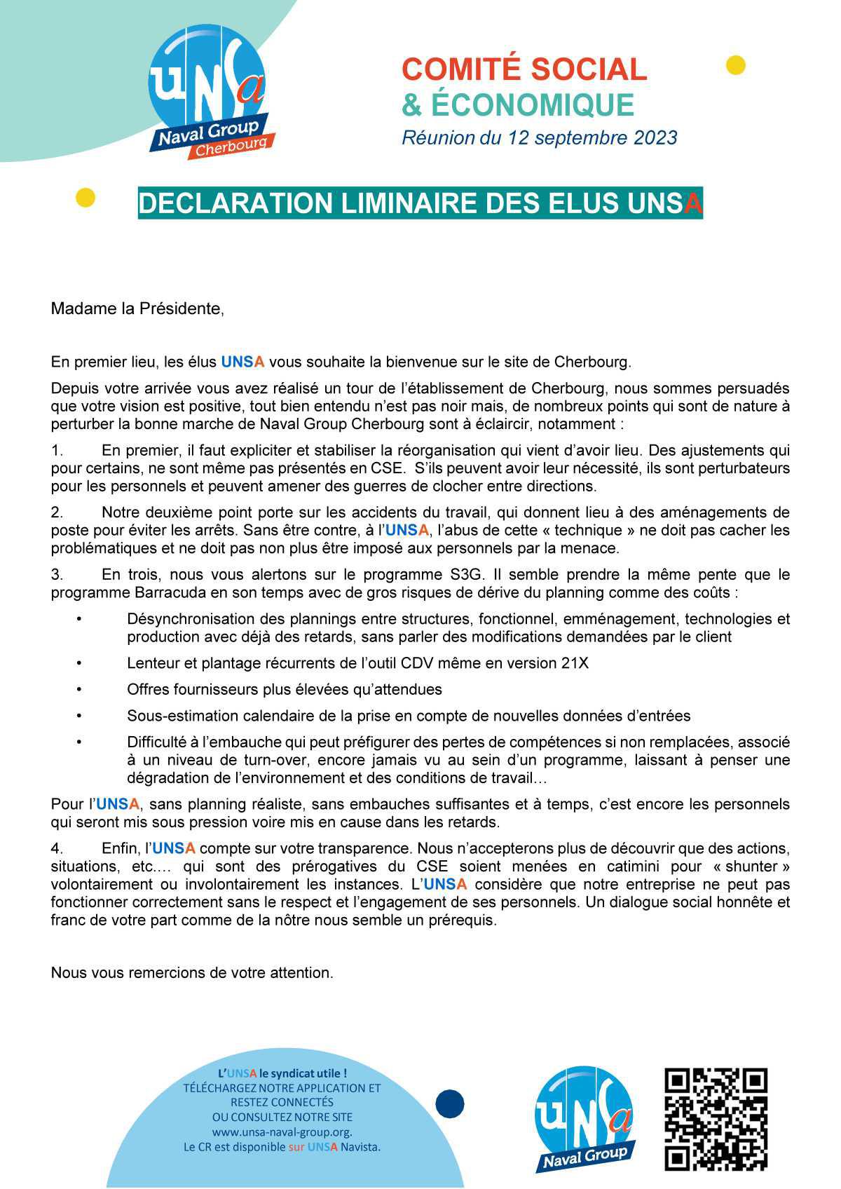CSE de Cherbourg - Réunion du 12 septembre 2023 - Déclaration Liminaire