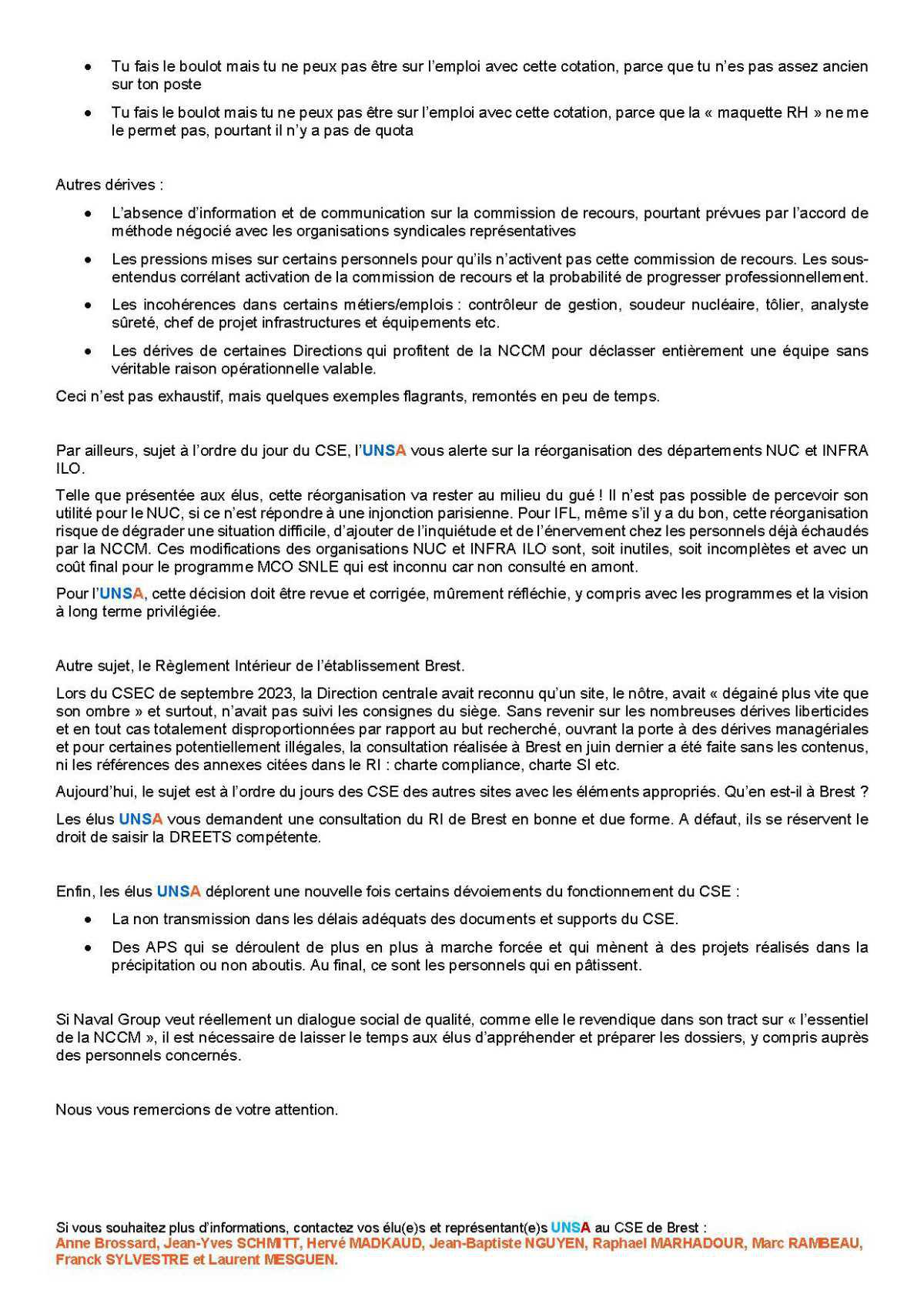 CSE de Brest - Réunion du 14 novembre 2023 - Déclaration liminaire