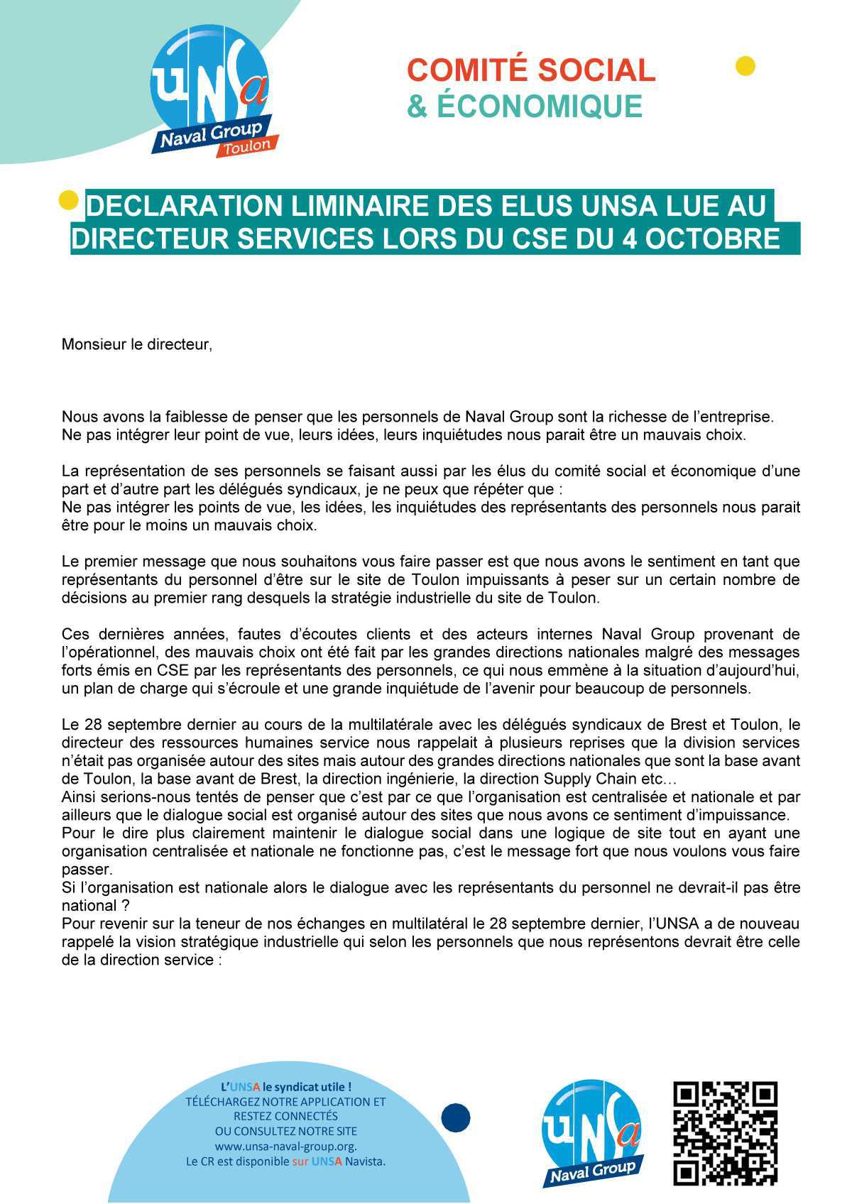 CSE de Toulon - Réunion du 4 octobre 2023 - Déclaration liminaire