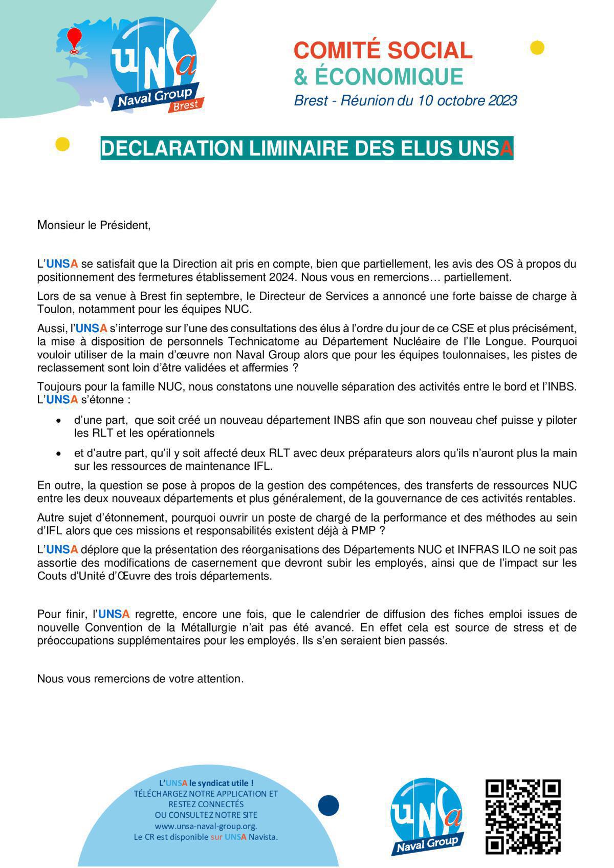 CSE de Brest - Réunion du 10 octobre 2023 - Déclaration liminaire et Compte rendu CSE de Brest - Réunion du 10 octobre 2023 - Déclaration liminaire et Compte rendu