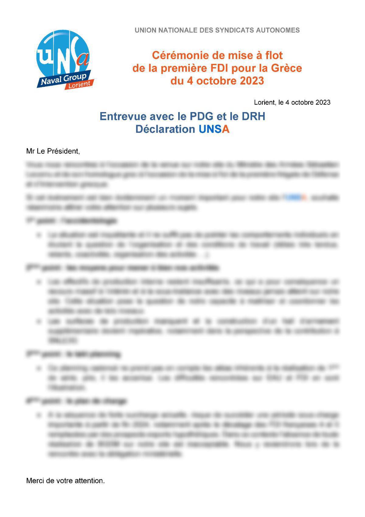 Les déclarations UNSA devant le PDG et le conseiller du Ministre lors de la mise à flot de la FDI Grèce n° 1 : 4 octobre 2023 Les déclarations UNSA devant le PDG et le conseiller du Ministre lors de la mise à flot de la FDI Grèce n° 1 : 4 octobre 2023