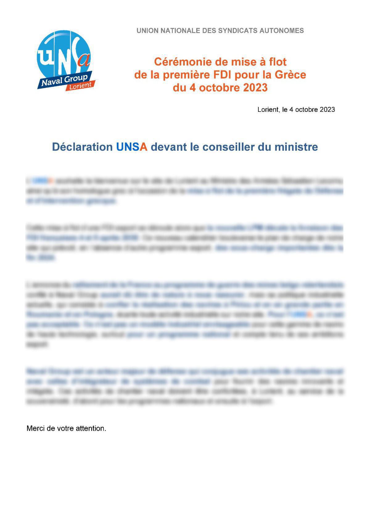 Les déclarations UNSA devant le PDG et le conseiller du Ministre lors de la mise à flot de la FDI Grèce n° 1 : 4 octobre 2023 Les déclarations UNSA devant le PDG et le conseiller du Ministre lors de la mise à flot de la FDI Grèce n° 1 : 4 octobre 2023