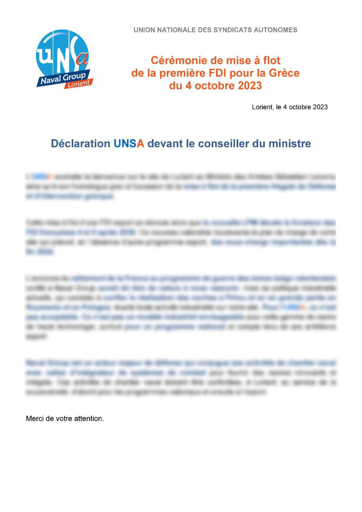 Les déclarations UNSA devant le PDG et le conseiller du Ministre lors de la mise à flot de la FDI Grèce n° 1 : 4 octobre 2023