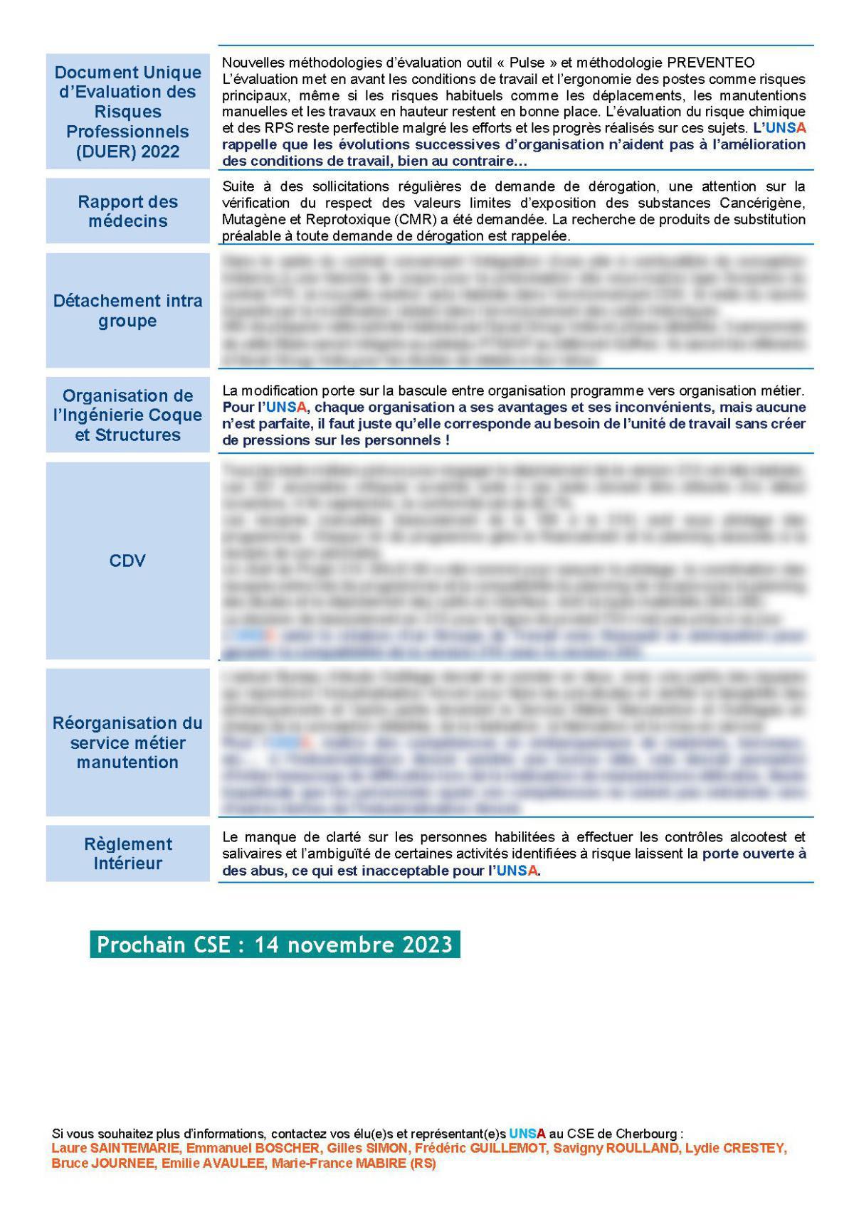 CSE de Cherbourg - Réunion du 10 octobre 2023 - Compte rendu