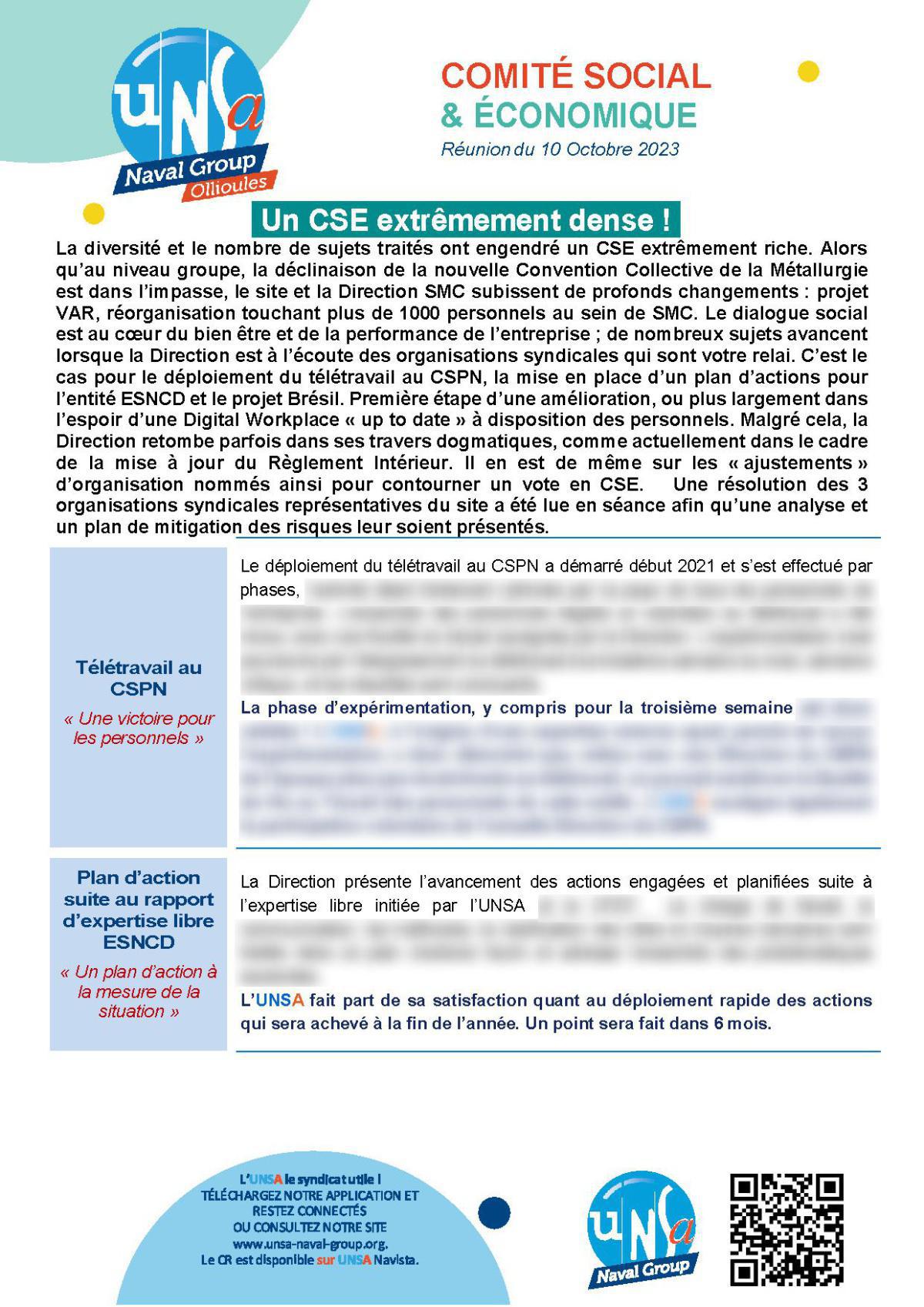 CSE d'Ollioules - Réunion du 10 octobre 2023 - Compte rendu