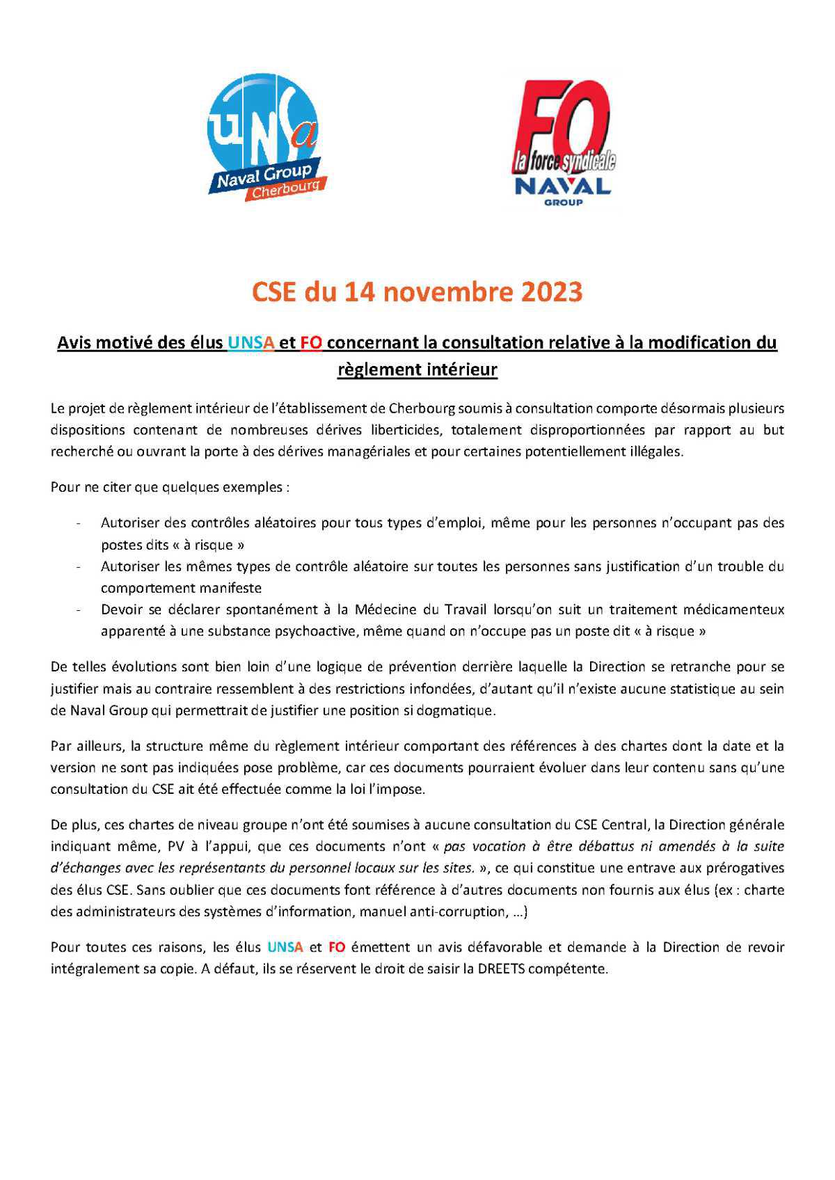 CSE de Cherbourg - Réunion du 14 novembre 2023 - Avis motivé des élus UNSA et FO sur le Réglement Intérieur