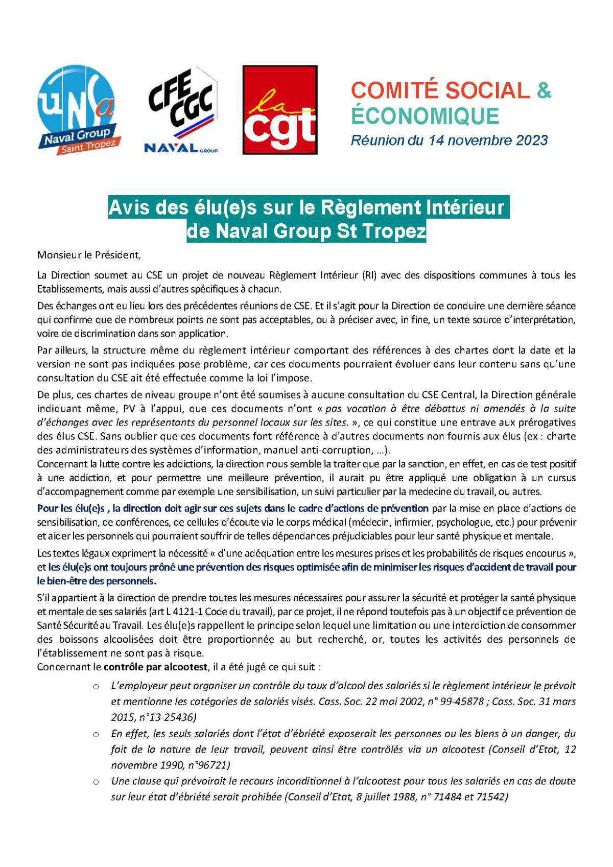 CSE de Saint Tropez - Réunion du 14 novembre 2023 - avis motivé UNSA/CFE-CGC et CGT 
