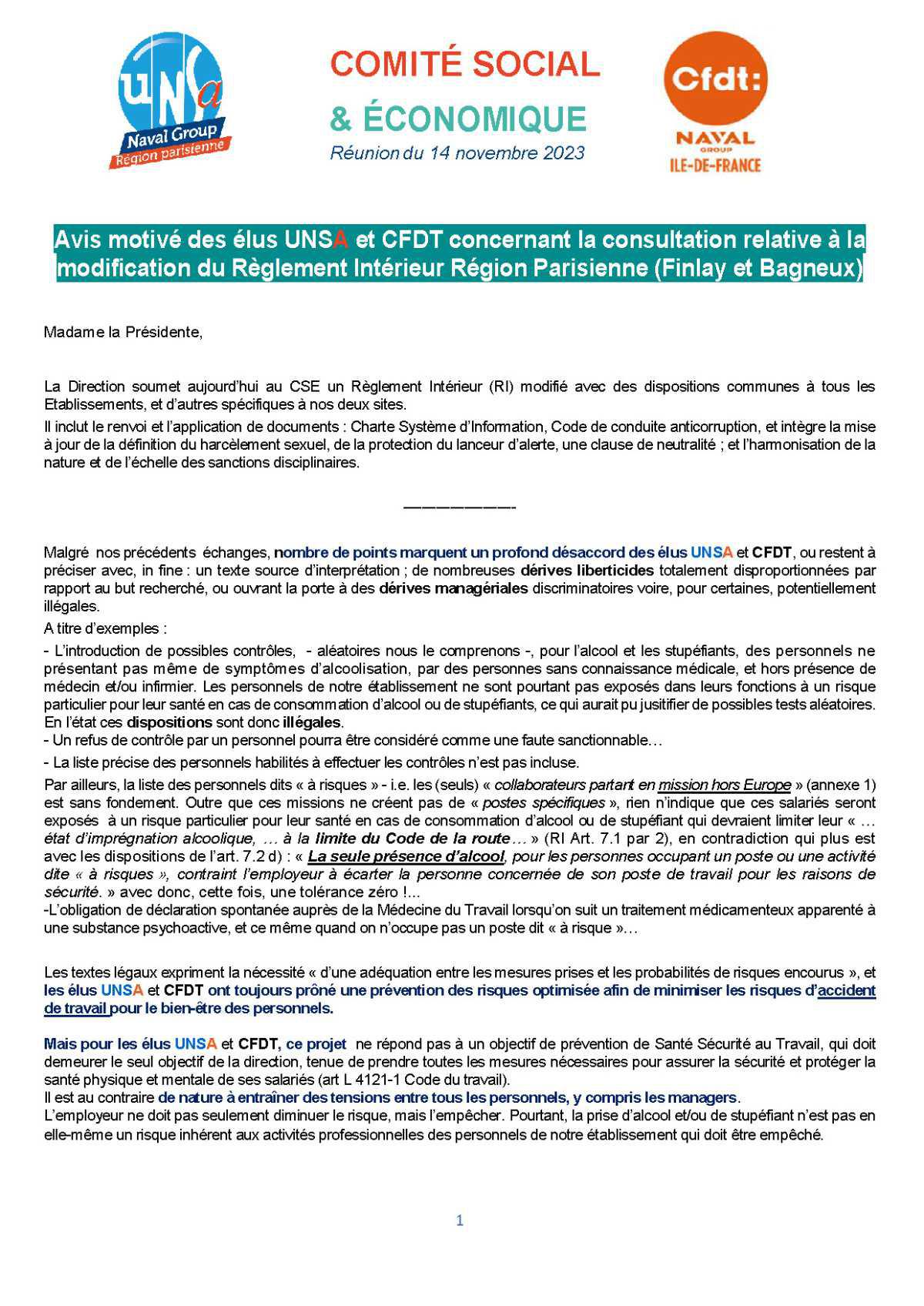 CSE Région Parisienne - Réunion du 14 novembre 2023 - Avis UNSA et CFDT