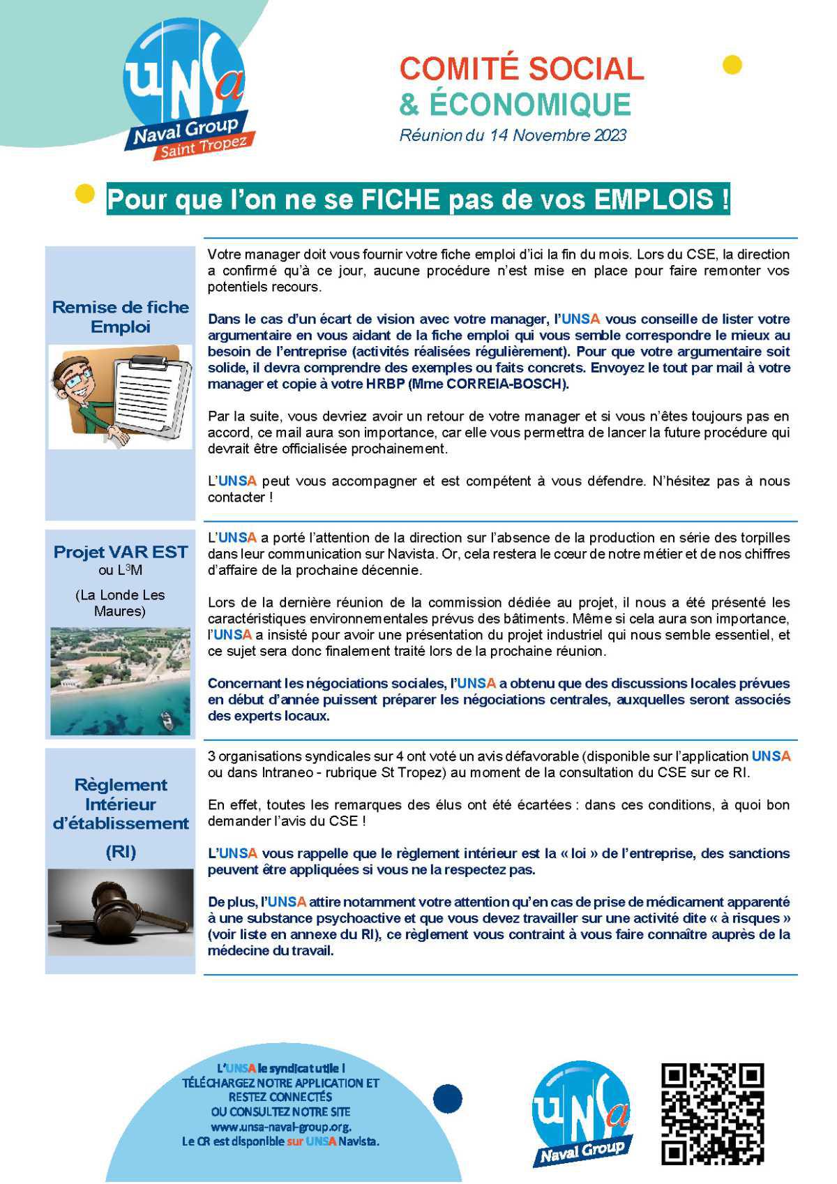 CSE de Saint Tropez - Réunion du 14 novembre 2023 - Compte rendu