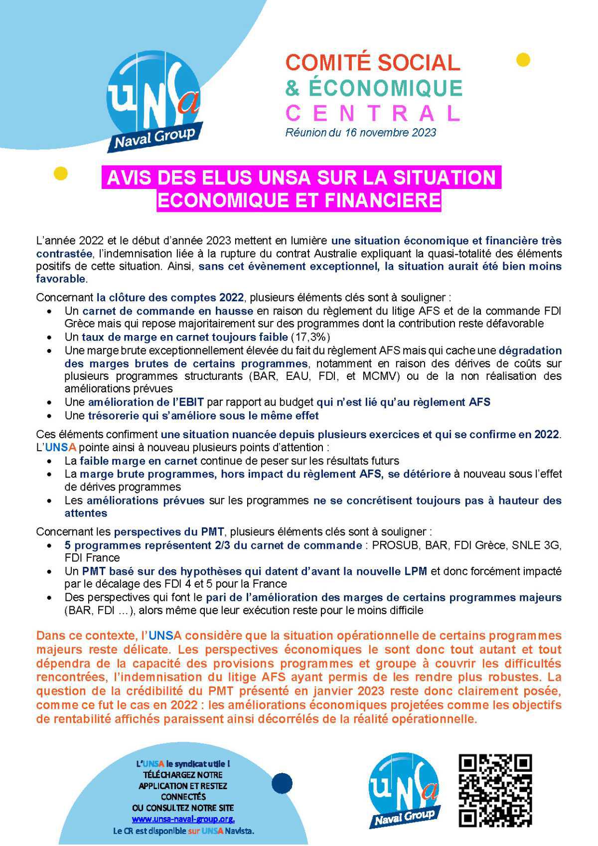Réunion du 16 novembre 2023 - Avis sur la situation économique et financière 2022