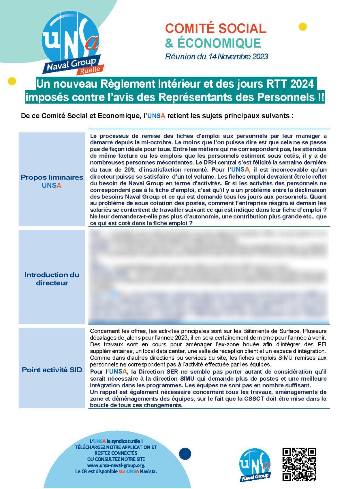 CSE de Ruelle - Réunion du 14 novembre 2023 - Compte-rendu