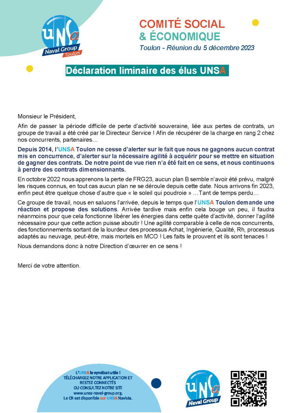CSE de Toulon - Réunion du 5 décembre 2023 - Déclaration liminaire
