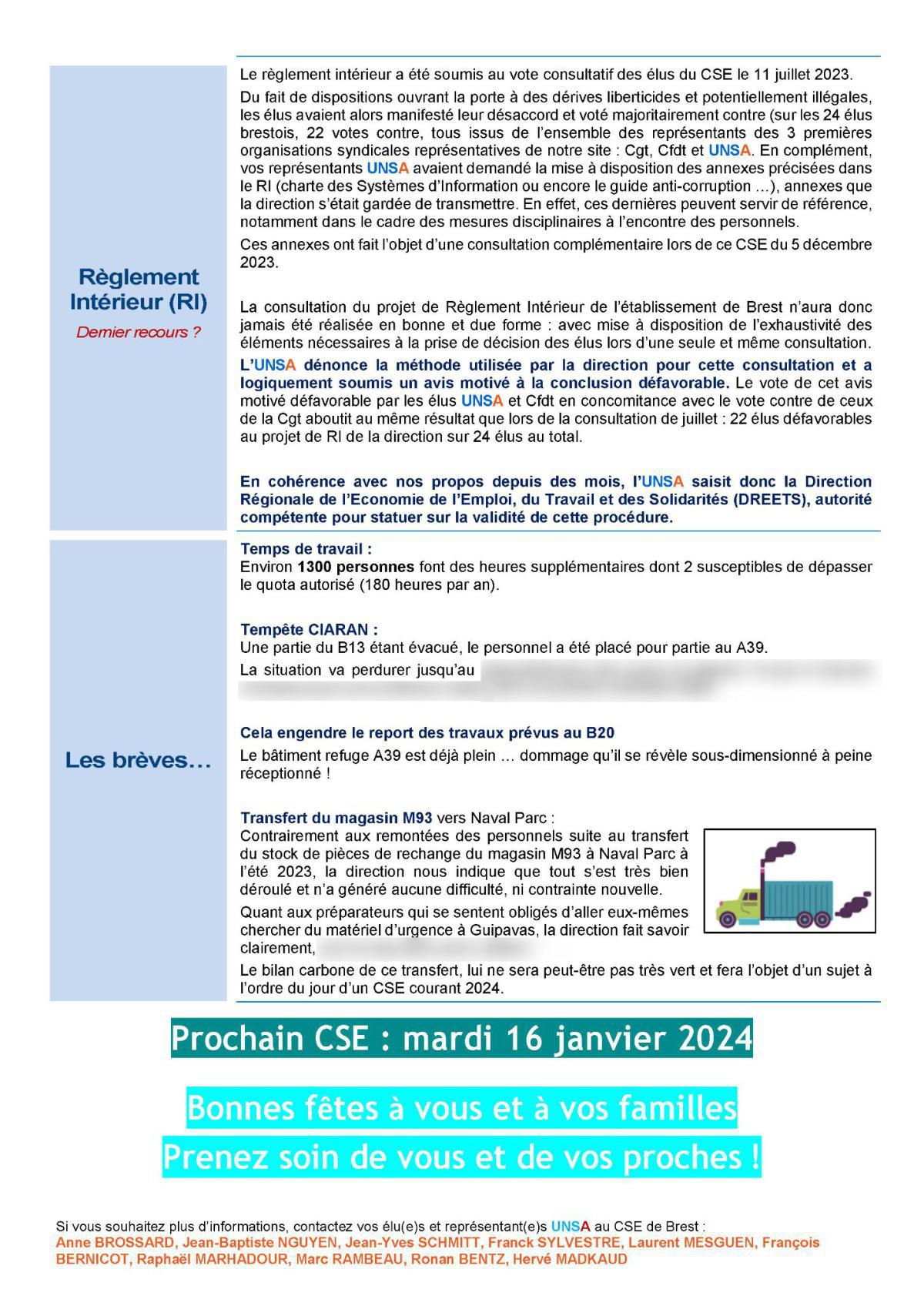 CSE de Brest - Réunion du 5 décembre 2023 - Compte rendu