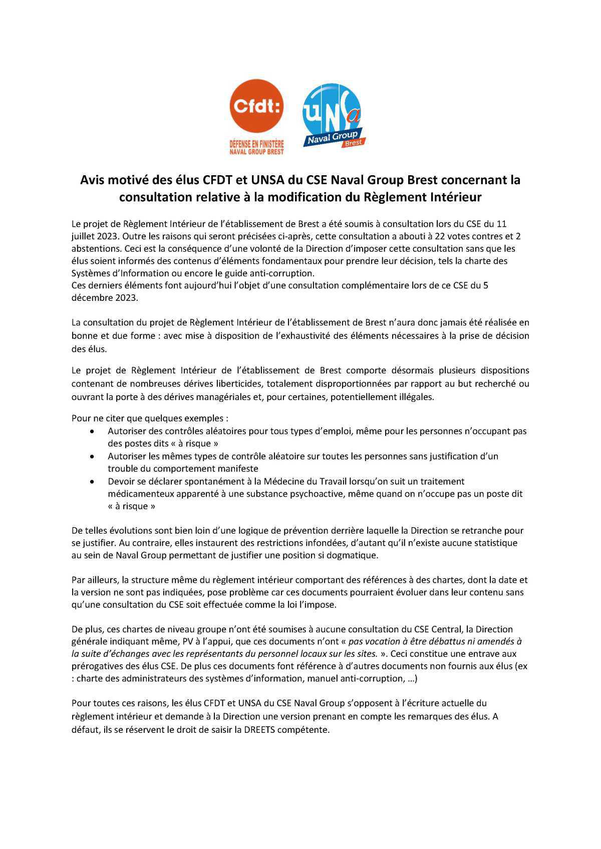 CSE de Brest - Réunion du 5 décembre 2023 - Compte rendu CSE de Brest - Réunion du 5 décembre 2023 - Compte rendu