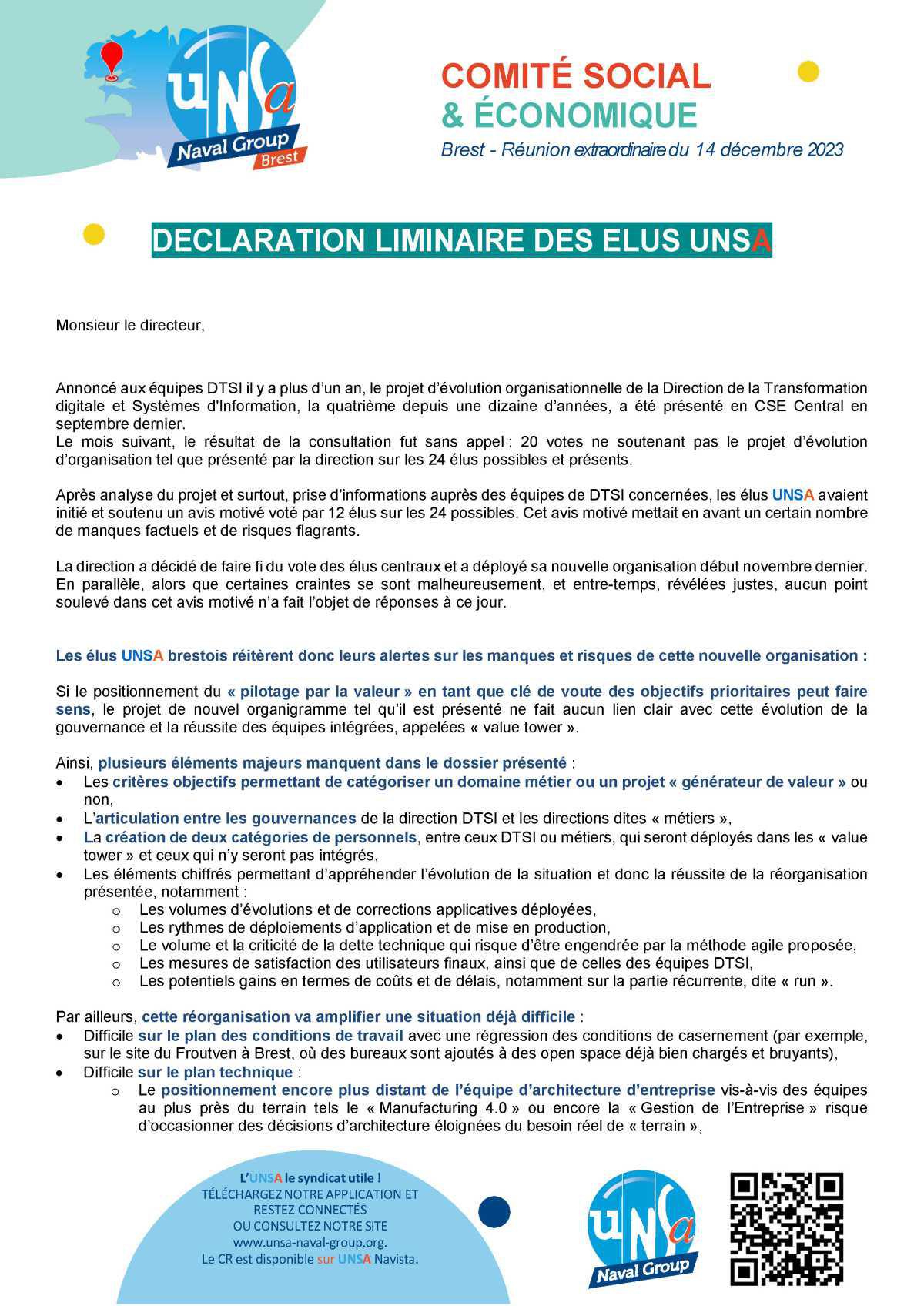 CSE de Brest - Réunion extraordinaire du 14 décembre 2023 - Déclaration liminaire