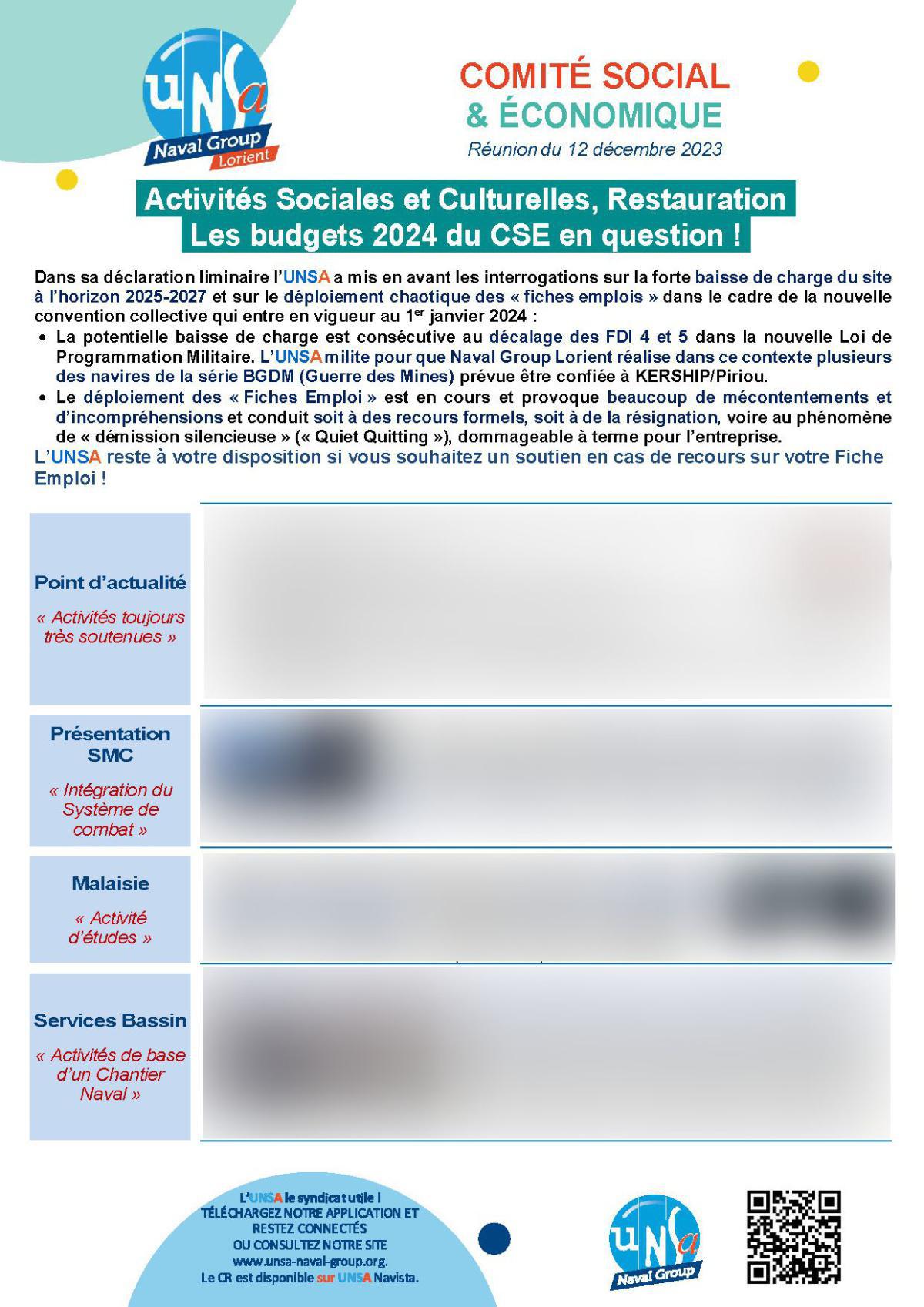 CSE de Lorient - Réunion du 12 décembre 2023 - Compte rendu