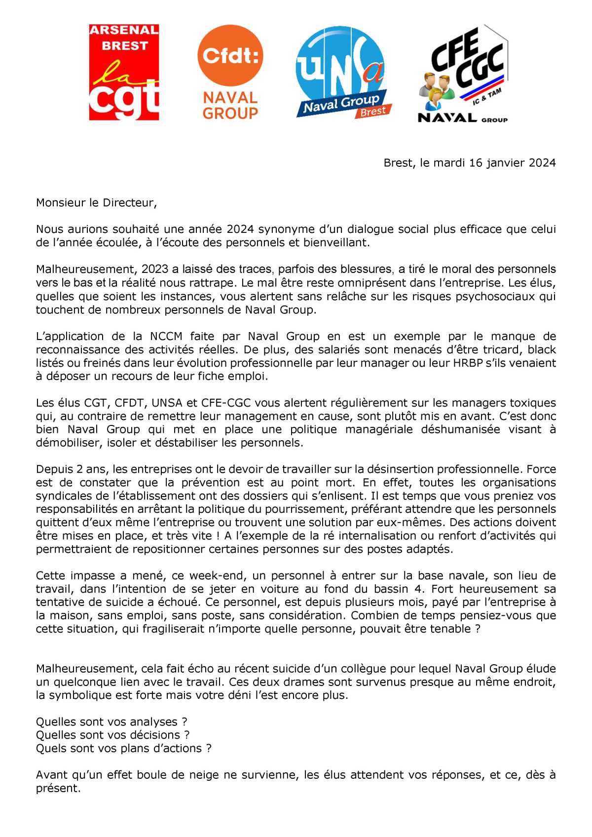CSE de Brest - Réunion 16 janvier 2024 - Déclaration liminaire