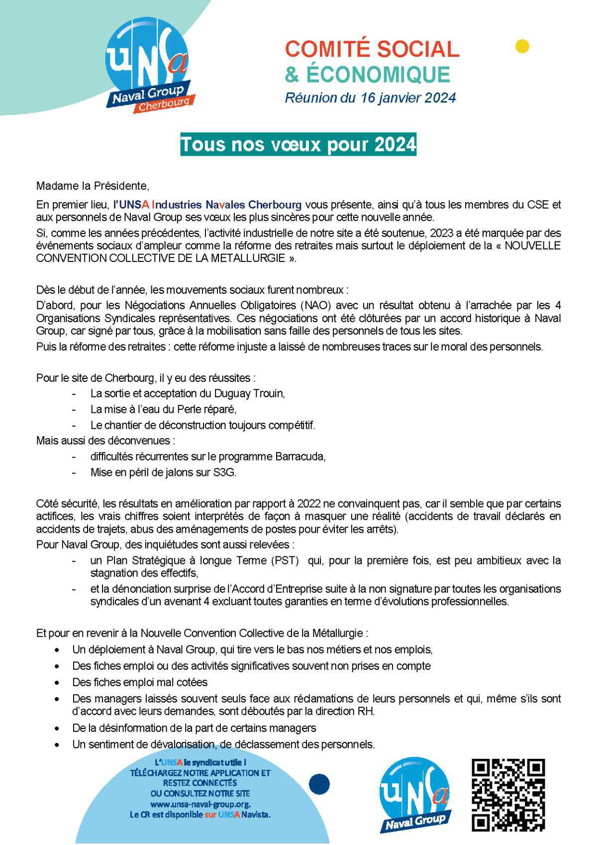 CSE de Cherbourg - 16 janvier 2024 - Déclaration liminiaire