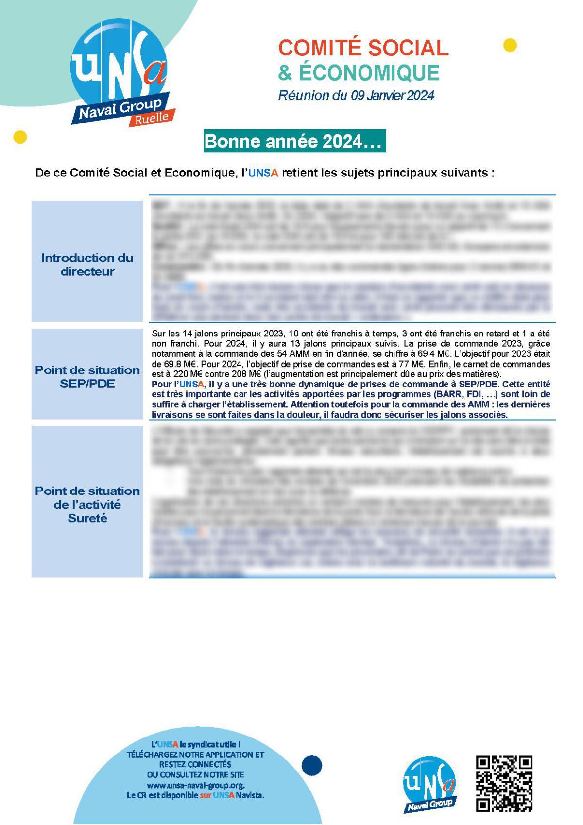 CSE de Ruelle - Réunion du 9 janvier 2024 - Compte-rendu