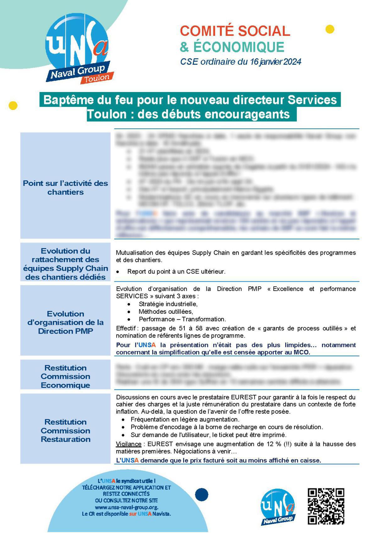 CSE de Toulon - Réunion du 16 janvier 2024 - Compte-rendu et Déclaration Liminaire