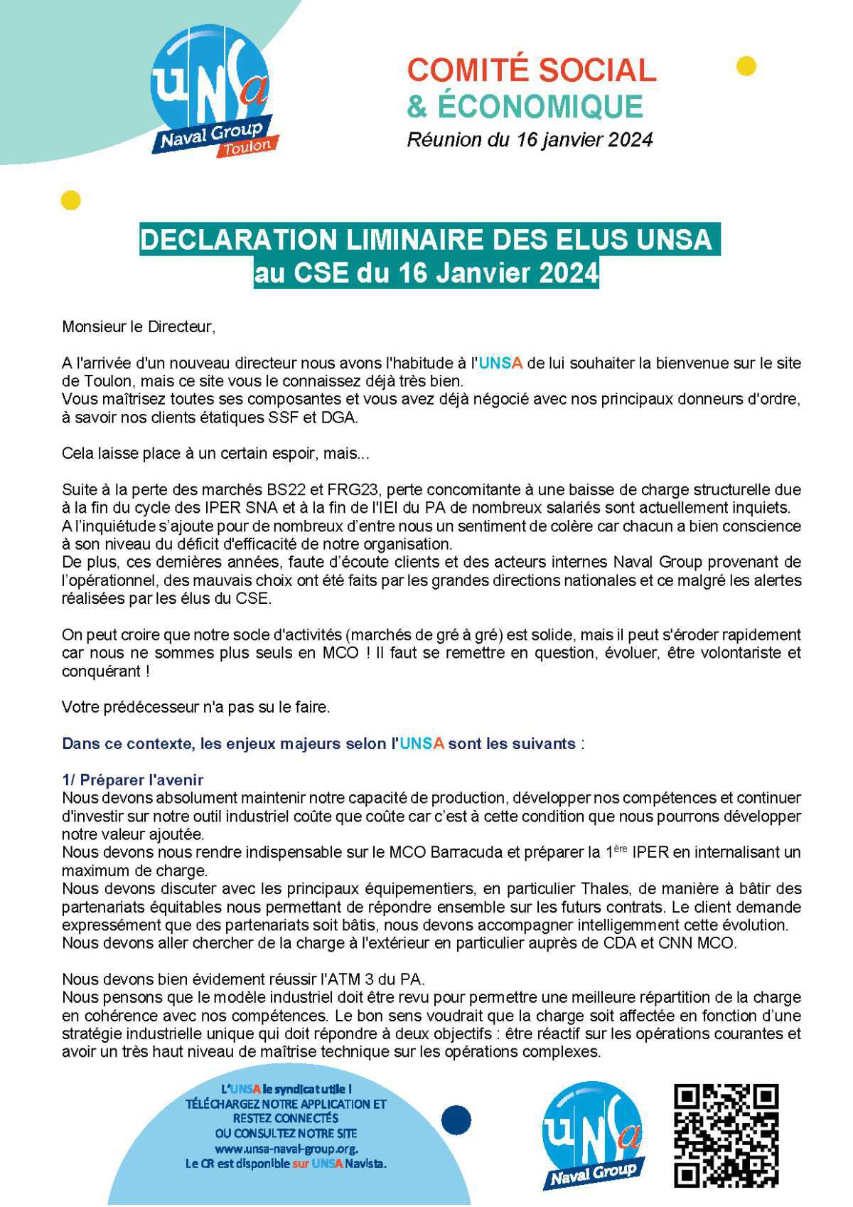 CSE de Toulon - Réunion du 16 janvier 2024 - Compte-rendu et Déclaration Liminaire