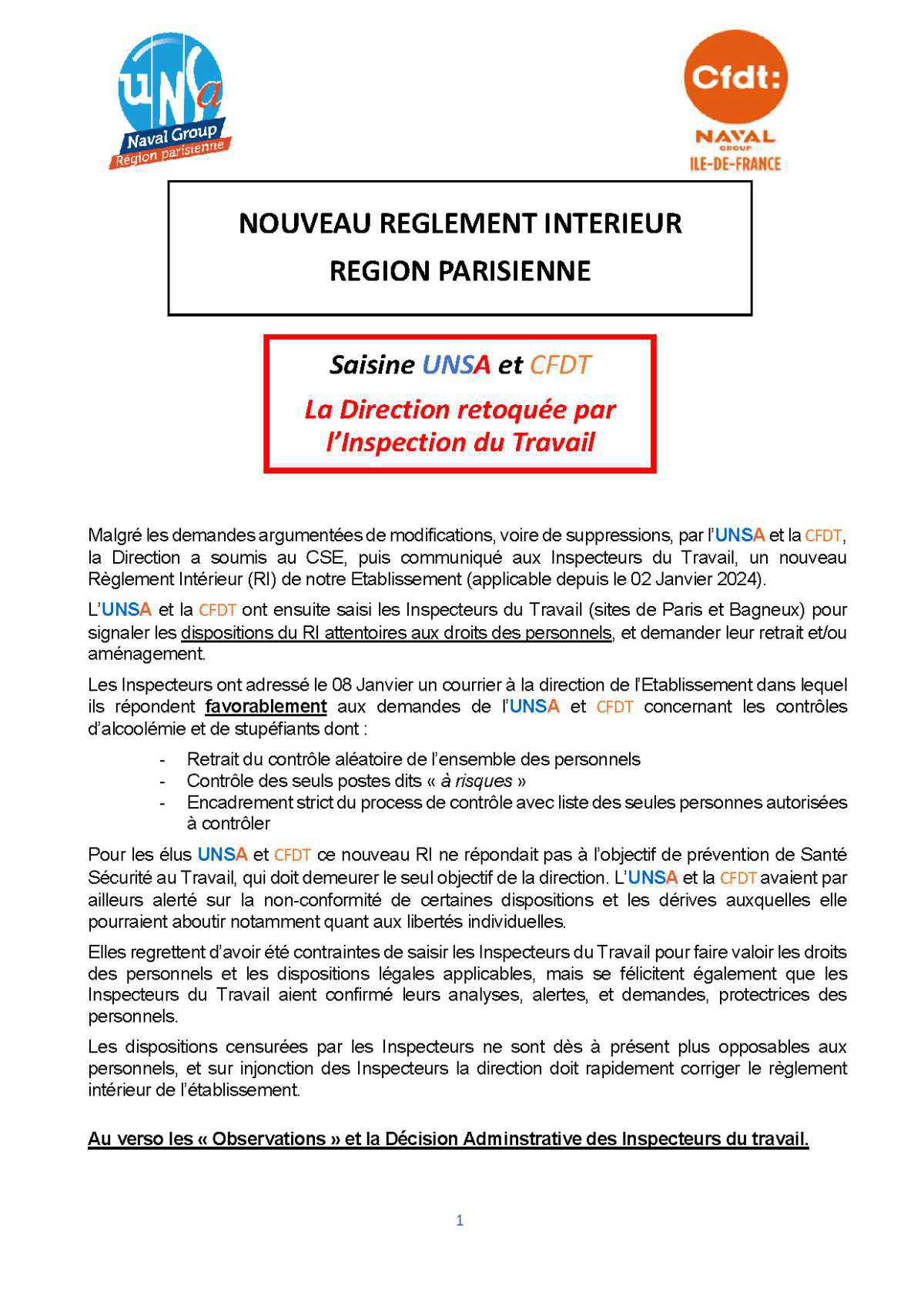Nouveau Réglement Intérieur : la Direction Retoquée par l'Inspection du Travail - Janvier 2024 Nouveau Réglement Intérieur : la Direction Retoquée par l'Inspection du Travail - Janvier 2024